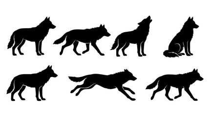 Obraz premium wolf silhouettes in side profile, solid black shapes, each in different poses such as standing.
