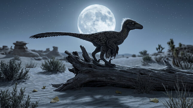 &nbsp;A moody, low-light shot of a Velociraptor perched on a fallen desert log under a full moon. 