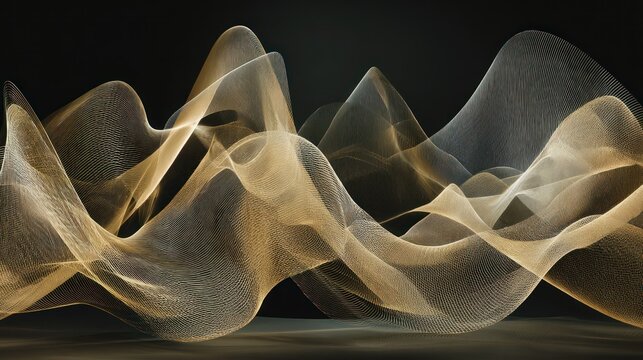 Flowing golden mesh abstract waves undulate across a dark background.