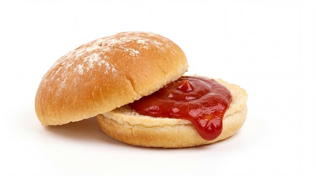Fresh sliced burger bun with tomato ketchup spread isolated on white background