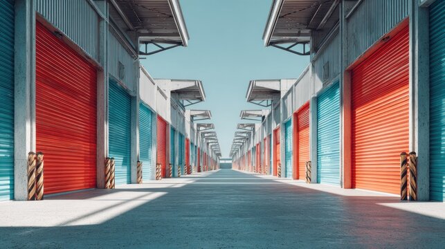 Row of uniformly spaced industrial storage units displays alternating bright red and blue rolling doors under a clear sky.