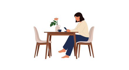 Fototapeta premium Young woman sitting alone at a wooden dining table and using her smartphone in a quiet minimalist interior setting.