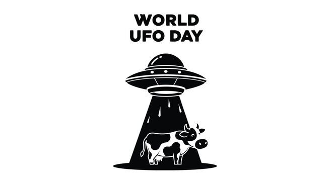 Minimalist vector illustration of a mysterious ufo spaceship abducting a cute farm cow during world ufo day