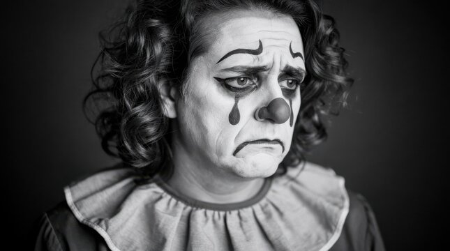A heartbreaking black and white portrait of a sad clown. The classic makeup, with a painted teardrop, accentuates the profound expression of sorrow.