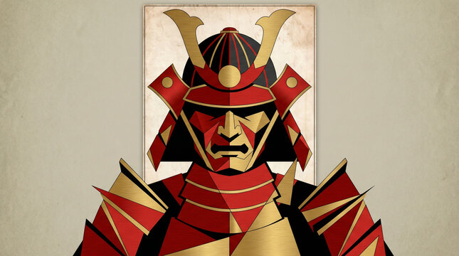 Abstract geometric samurai warrior in red and gold armor portrait for modern digital poster design