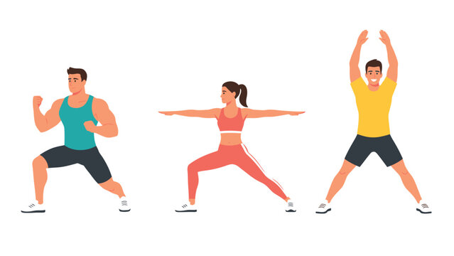 Diverse people performing various fitness exercises and workout poses, healthy lifestyle concept illustration