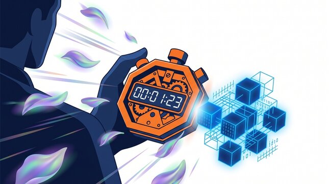 Abstract digital timer illustration, a person holding an orange stopwatch with a digital display showing 00:01:23, surrounded by floating purple leaves and glowing blue data cubes