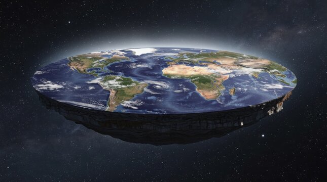 A conceptual illustration of a disc-shaped, flat Earth floating in the cosmos. This image represents the controversial flat-Earth theory against a starry space background.