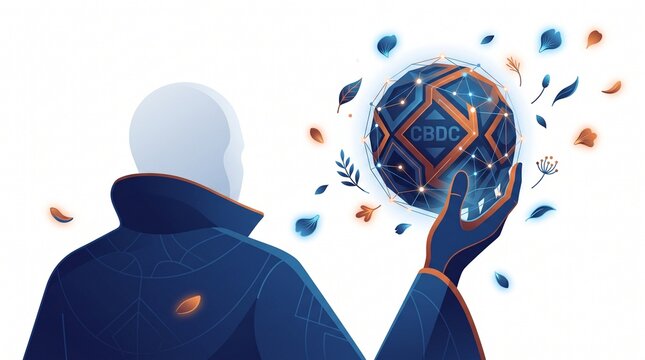 Digital currency concept illustration, a futuristic financial technology sphere, CBDC global payment system, secure blockchain network, and modern economic innovation.