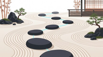 Naklejka premium Zen garden illustration, tranquil Japanese rock garden, serene sand patterns, stepping stones path, traditional Asian landscape design, peaceful meditation space.