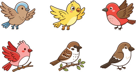 Naklejka premium Colorful Bird Collection Set with Cute Cartoon Birds in Various Poses for Illustrations, Websites, Apps, and Creative Media Designs
