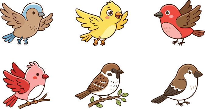 Colorful Bird Collection Set with Cute Cartoon Birds in Various Poses for Illustrations, Websites, Apps, and Creative Media Designs