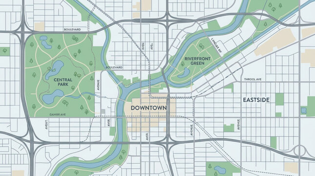 Detailed City Map with River and Green Spaces.