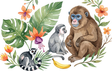 Obraz premium Wildlife Scene with Tropical Plants, Monkeys, and Lemur in a Lush Jungle Environment
