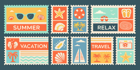 Vintage postage stamp grid with summer vacation and travel themed illustrations high quality professional detailed © Mritun