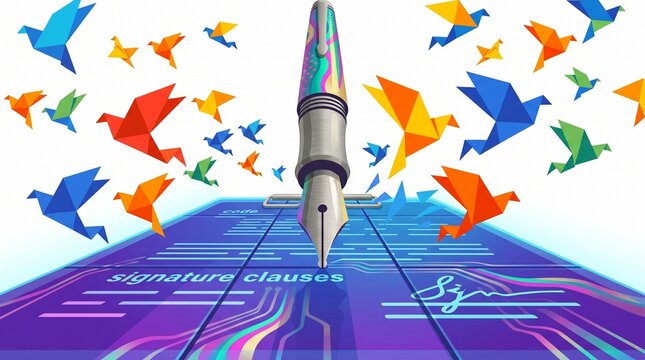 Digital signature clauses, a futuristic electronic document with a stylized fountain pen, and colorful origami birds, representing modern contract signing and legal technology.