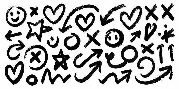 Chaotic collection of hand drawn black and white doodle shapes hearts stars and abstract symbols