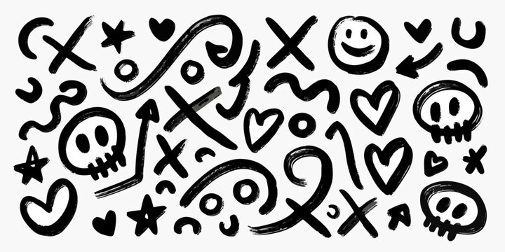 Chaotic collection of hand drawn doodle shapes and symbols in black and white high quality