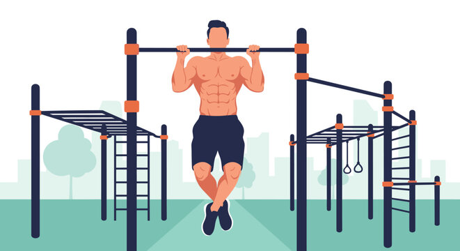 Muscular man performing pull-up exercises on a horizontal bar at an outdoor street workout park in a city environment.