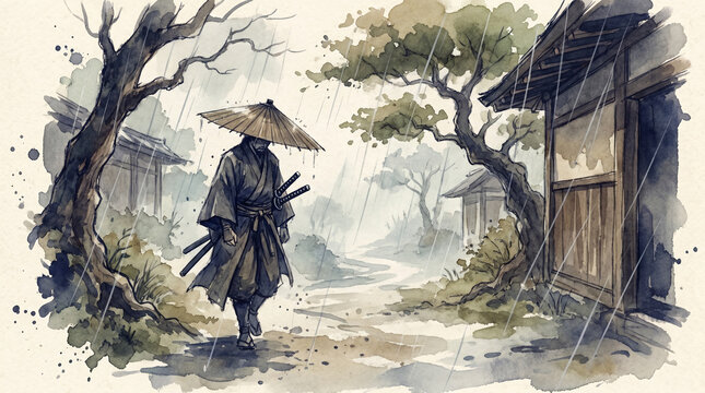 Samurai Warrior Walking Through Japanese Village in Rain Watercolor Illustration