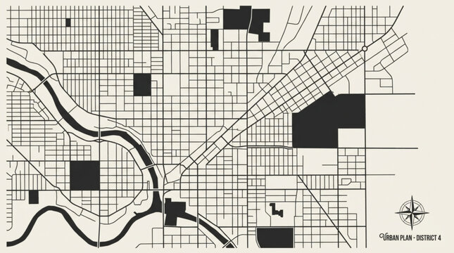 Vintage City Map Illustration with River and Grid Layout.
