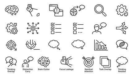 Fototapeta premium Brain clutter and focus leakage symbols and icons for business productivity and problem solving, vector icons.