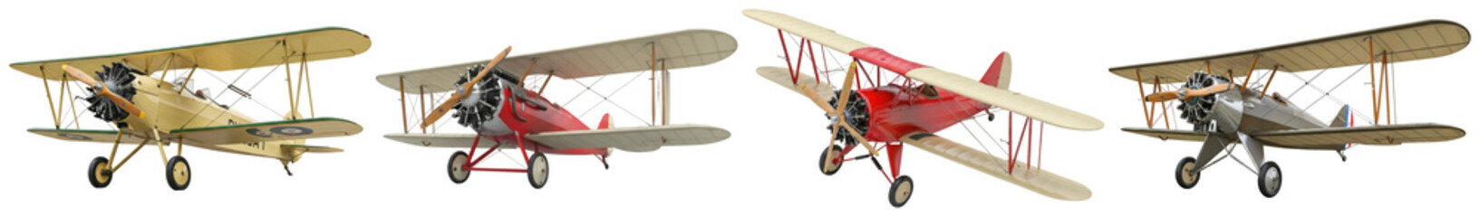 Realistic 3D renders of diverse vintage biplanes in various colors, isolated on a transparent background. © GraphicPNG