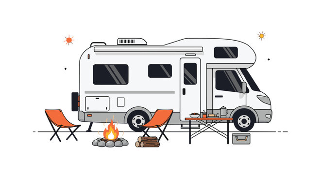 Modern white motorhome parked at a campsite with chairs, table, and a small campfire under a bright sun and clear sky.