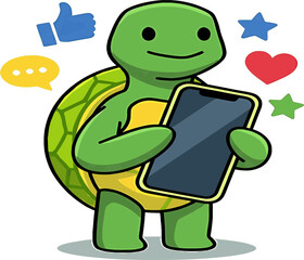 Obraz premium Cute Male Sea Turtle Holding Smartphone with Social Media Icons Concept. Business & Sustainability Vector Icon.