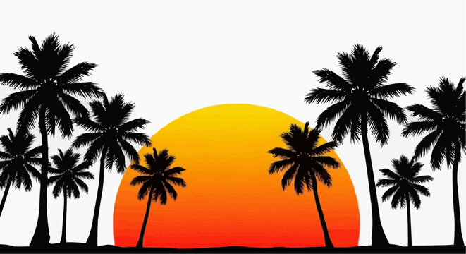 
Vector illustration of a tropical sunset with silhouettes of coconut trees.