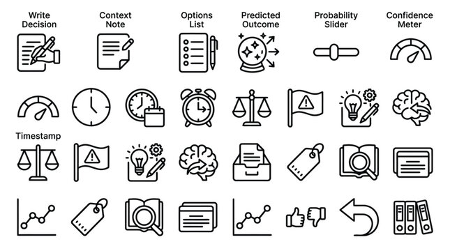 Business decision journal and cognitive psychological bias assessment thin line icon set collection.