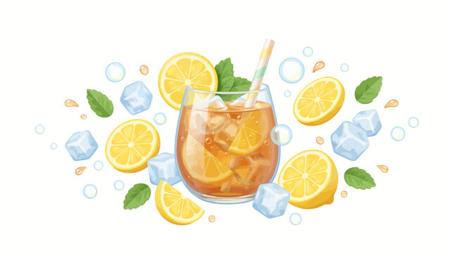 Refreshing summer drink with lemons and mint leaves floating around a glass cup filled with ice cubes and a straw on a white background