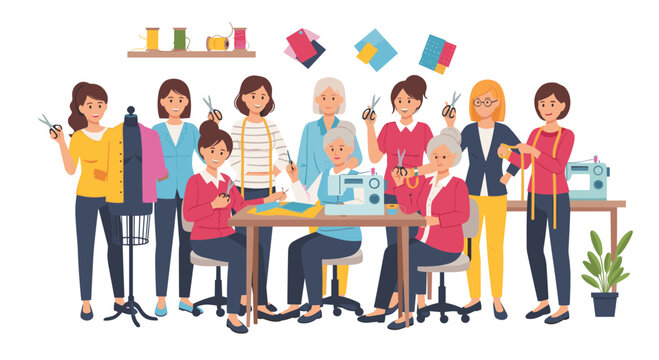A multi-generational group of female tailors works together in a bright studio environment utilizing sewing machines and measuring tapes to assemble custom garment pieces.