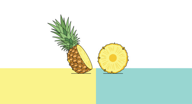 A sliced pineapple with a green-leafed top and a separate golden fruit ring are positioned on a flat surface with a split-tone yellow and teal studio background.