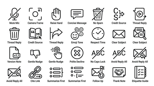 Vector icons for online communication tools and etiquette in outline style for digital platforms.