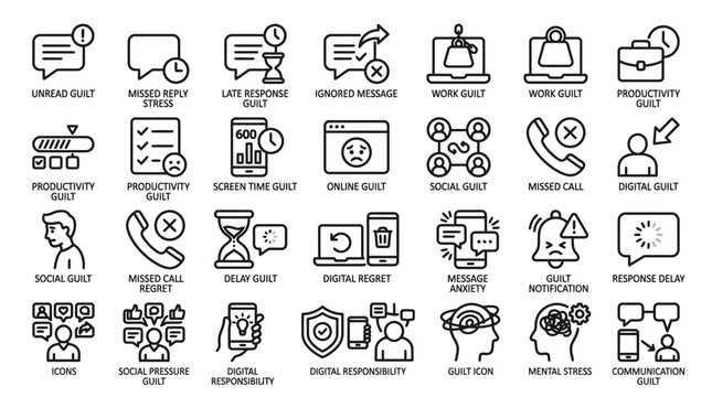 Digital burnout and stress related office work life problems line icons set for workplace wellbeing.