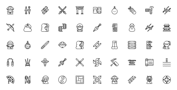 Ninja icon set. Vector illustration pack. Includes Ninja, Kunai, Katana, Shuriken, Nunchaku, Torii gate, Smoke bomb, Dojo, Bamboo hat, Yin yang, and more. Minimalist collection.