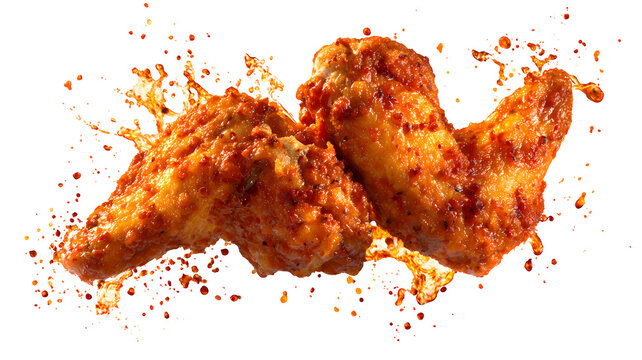 Spicy chicken wings with red sauce and splashes, hot and flavorful, isolated on transparent background.