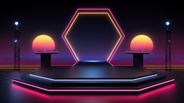 Vibrant neon lights illuminate a futuristic stage setup with geometric accents and glowing backdrops