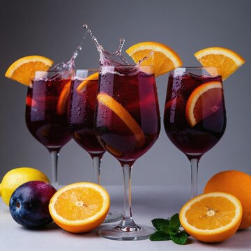 Four sangria glasses with splashes and citrus slices. Fruit, ice and mint garnish these refreshing red wine drinks. Perfect for parties summer celebrations.