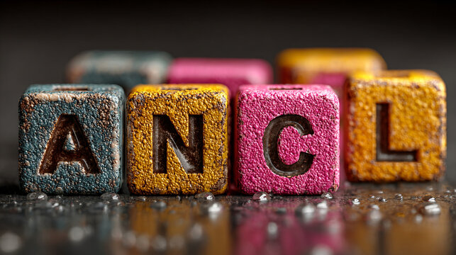 Colorful wooden blocks with letters anc on a reflective surface with water droplets symbolizing social issues and culture