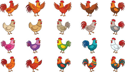 Large Vector Icon Set of Colorful Cartoon Roosters and Chickens for Farm Branding, Agricultural Educational Materials, Children's Books, and Rural Countryside Themed Graphic Designs © Roymohan