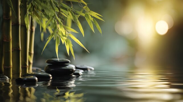 Stacked dark stones rest on water near vibrant green bamboo stalks under warm diffused sunlight