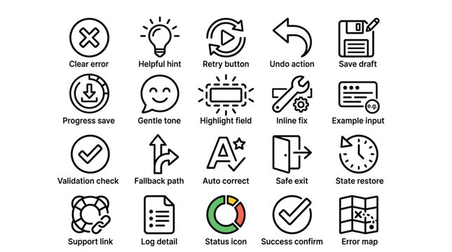 Collection of business and technology icons with descriptions on transparent background.