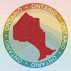Naklejka premium Vintage Ontario, Canada Round Logo. Distressed wave stripes Province badge with grunge scratch texture. Ontario, Canada Retro Map Emblem. Vector Illustration.