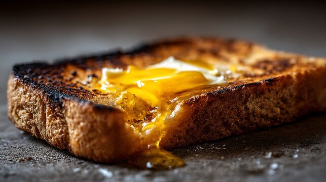 A close up of a toasted bread slice with a runny egg yolk center.