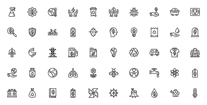 Ecology icon set. Minimal thin line vector pack. Featuring spray bottle, global warming, save energy, recycling bin, conservation, ladybug, coal and more.