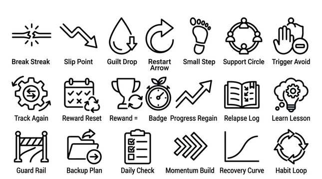 Minimalist line icons representing recovery, progress and self improvement.