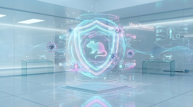 Futuristic holographic hantavirus shield system, glowing medical shield protecting a digital rat icon from floating virus particles, bright cyan and magenta neon aesthetic, inspired by futuristic cybe