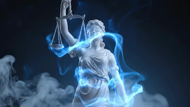 Blindfolded Lady Justice statue, scales representing legal fairness, unbiased judgment, and equality, a symbol of jurisprudence, surrounded by mystical blue light and ethereal smoke
